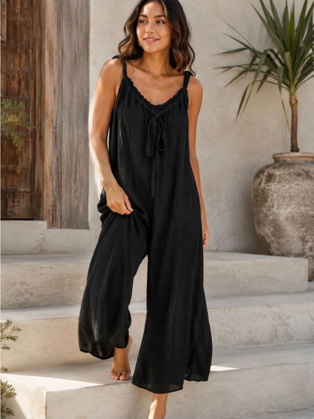 Final Touch Black Wide Leg Jumpsuit Medium Boho Resort Vacation Casual Comfy